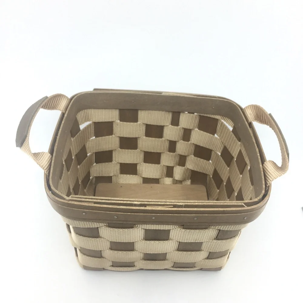 Vintage Longaberger Signed Bring Along Basket Tan Nylon Wood With Side Handles - Picture 3 of 11